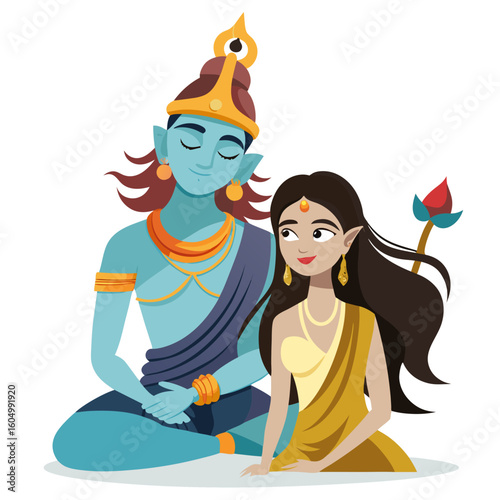 Divine couple vishnu and lakshmi sitting together in meditation with lotus flower