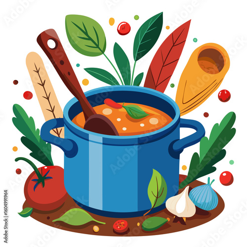 Hearty homemade soup in a blue pot with fresh ingredients and herbs