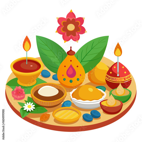 Diwali puja thali with diya lamps sweets flowers and holy offerings
