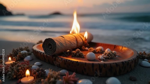 Burning incense stick on wooden plate with shells by the beach  