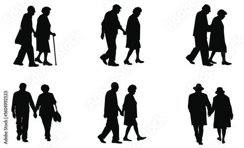 Elderly couple or grandparents walking together in silhouette. They are holding a stick in hand. The couple is facing each other, and the man is holding a cane. vector silhouette.