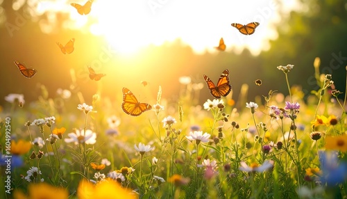 Butterflies flutter over flower meadow