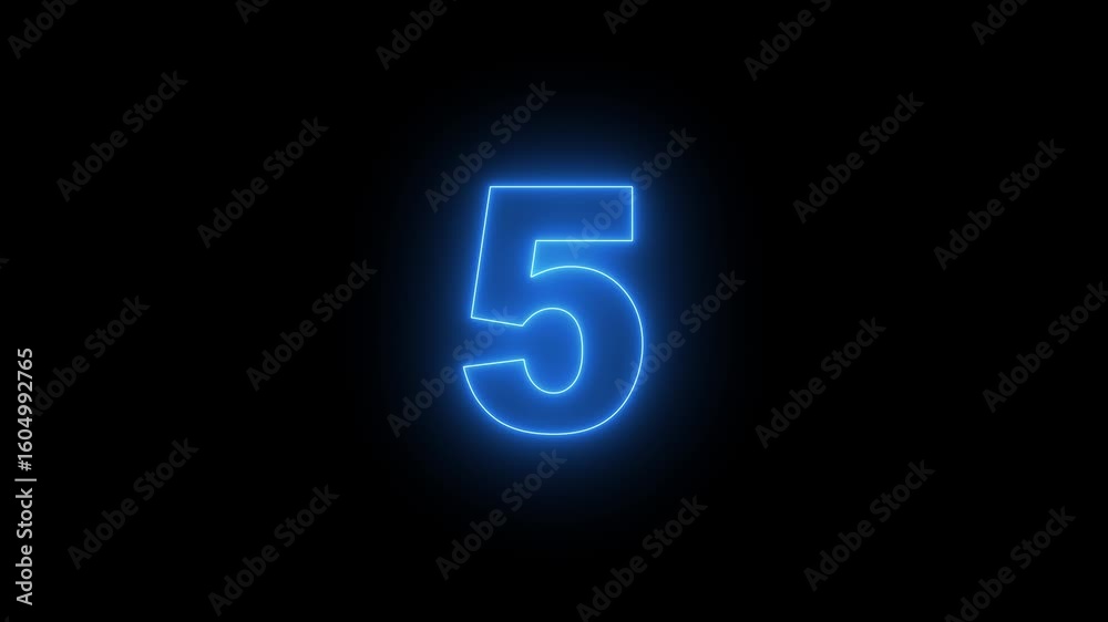 Top ten countdown, neon light numbers from 10 to 0, laser ray appears on black background .