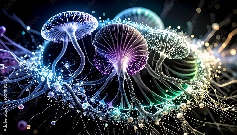 Obraz premium Complex connections of hallucinogenic mushroom mycelium intertwined with neural networks, with glowing lines and nodes in shades of blue, purple and neon green in a flow of signals and substances
