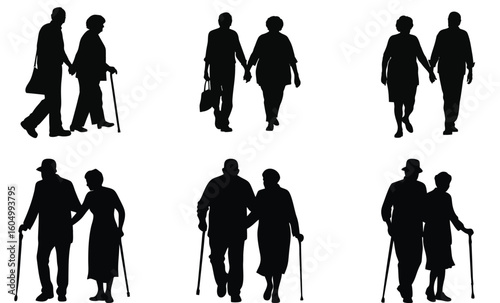 Elderly couple or grandparents walking together in silhouette. They are holding a stick in hand. The couple is facing each other, and the man is holding a cane. vector silhouette.