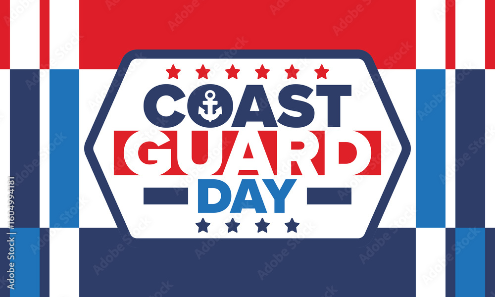 Fototapeta premium U.S. Coast Guard Day in United States. Federal holiday, celebrated annual in August 4. Sea style. Design with anchor and shield. Patriotic element. Poster, greeting card, banner and background