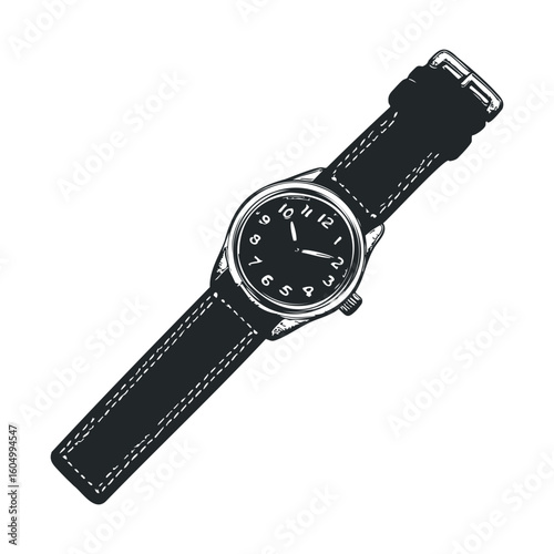 Black wristwatch with leather strap and white numerals illustration