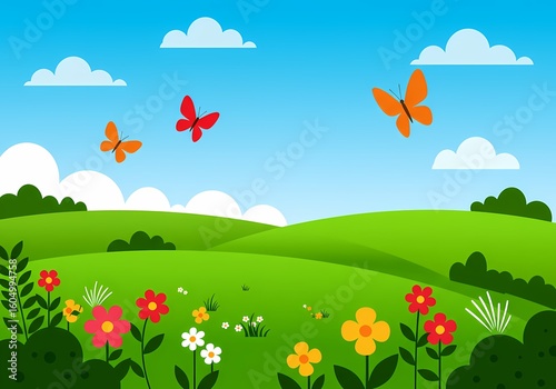 Beautiful spring meadow with butterflies and flowers vector illustration