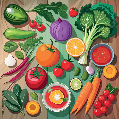 Vibrant assortment of fresh vegetables and fruits on a wooden table
