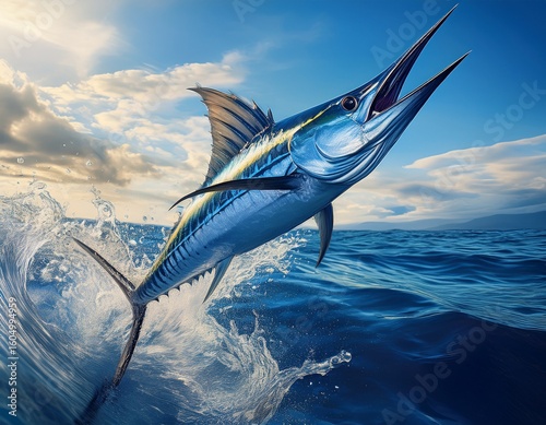 ai image a powerful blue marlin leaps dramatically out of the deep blue ocean water splashing under a partly cloudy sky