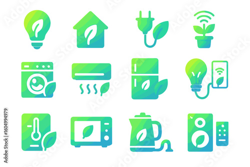 Eco-friendly smart home icons: energy efficiency and sustainability concepts