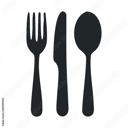 Simple black cutlery icons: fork, knife, and spoon graphic design