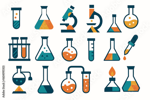 Colorful laboratory equipment icons set with test tubes and beakers