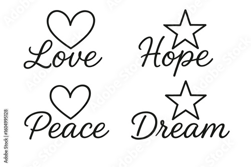 Inspirational words with heart and star icons: love, hope, peace, dream