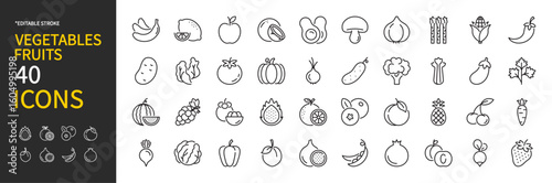 Vegetables & fruits icon set. Cucumber, tomato, lettuce, carrot, avocado, paprika, strawberry, apple, orange, banana, watermelon, peach, vegan, etc. Editable stroke, vector illustration. Flat design.