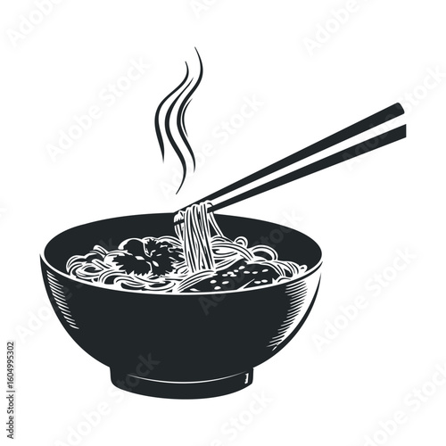 Steaming bowl of noodles with chopsticks in black and white illustration