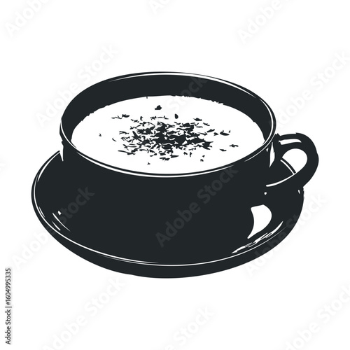 Simple black and white coffee cup illustration with saucer and foam