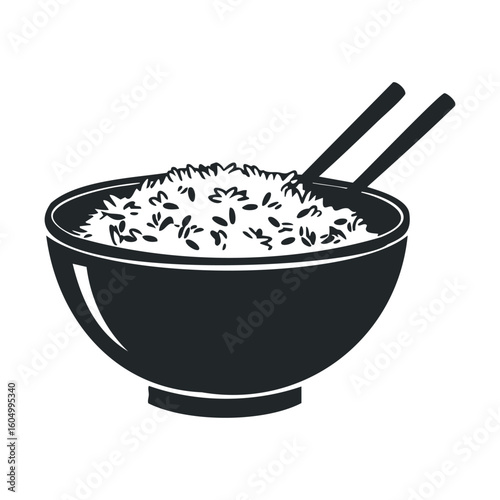 Black and white bowl of rice with chopsticks in iconic silhouette style