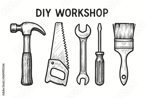 Diy workshop tools: hammer, saw, wrench, screwdriver, paintbrush illustration