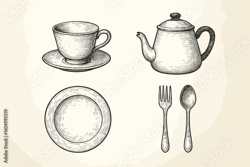 Vintage sketch of teacup, teapot, plate, and cutlery on beige background