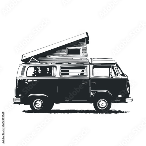 Vintage camper van with pop-top in black and white side view