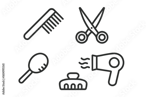 Hair care tools outline icons - comb, scissors, spoon, hairdryer, hairclip