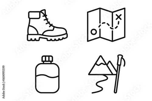 Hiking essentials icons: boot, map, water bottle, mountain