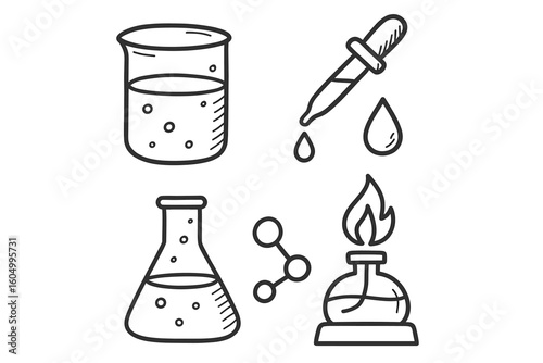 Icons of beaker, test tube, pipette, and bunsen burner in chemistry set