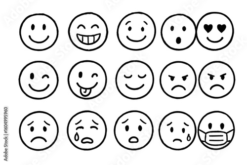 Set of 16 hand-drawn smiley faces illustrating various emotions