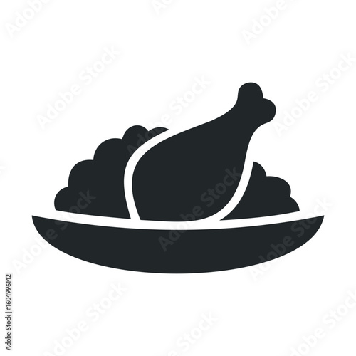 Black and white chicken leg icon on a plate with mashed potatoes