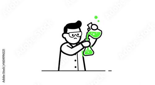 A cartoon scientist in a lab coat performs a chemical experiment, pouring a green liquid into a flask.