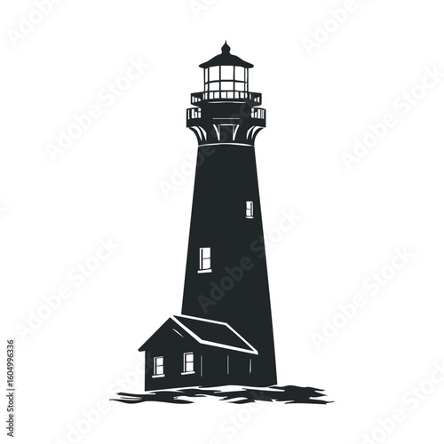 Silhouette of a historic lighthouse with keeper's house on a rocky shoreline