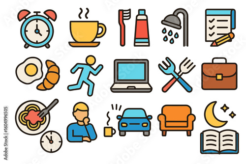 Daily routine icons: morning alarm, coffee, exercise, and work essentials