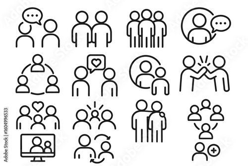 Collection of social interaction and communication icons in minimalist style