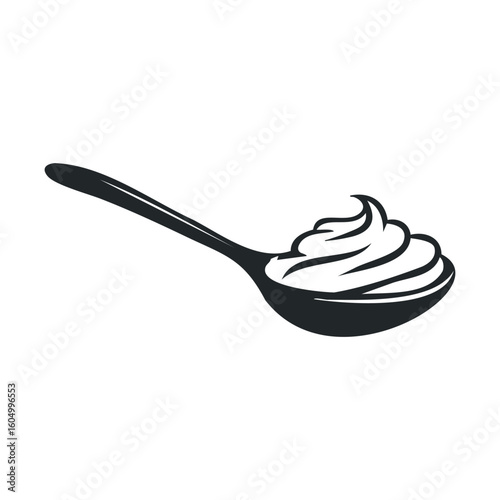 Black and white illustration of spoon with yogurt or cream swirl design