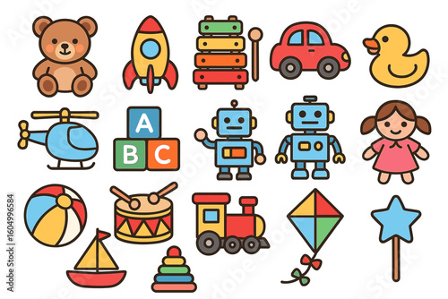 Colorful cartoon toy collection with robots, rocket, and bear