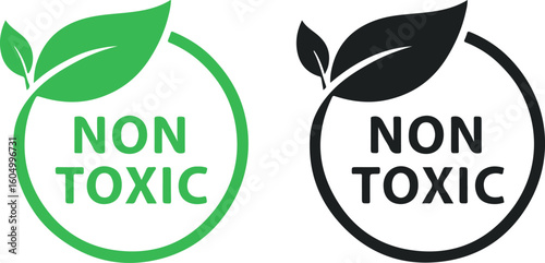 "Non Toxic" stamp with leaf, green and black colors, on white background