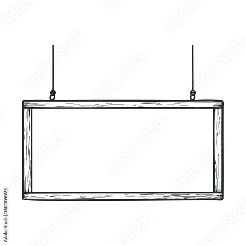 Wooden hanging signboard with rope in black and white illustration style