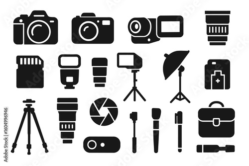Set of photography equipment icons: cameras, lenses, tripod, flash, memory cards