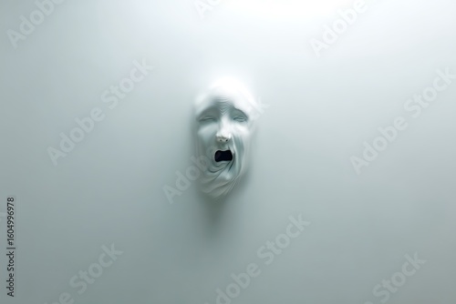 Surreal 3D digital art depicting a screaming white mask embedded in a wall, conveying feelings of anxiety and distress