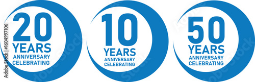 Blue Anniversary Icons for 10, 20, and 50 Year Milestone Recognition
