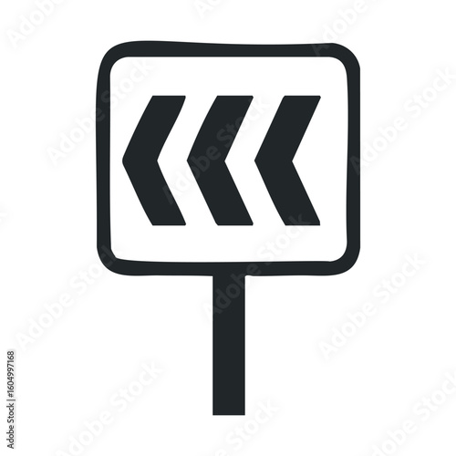 Leftward chevron traffic sign icon in black and white