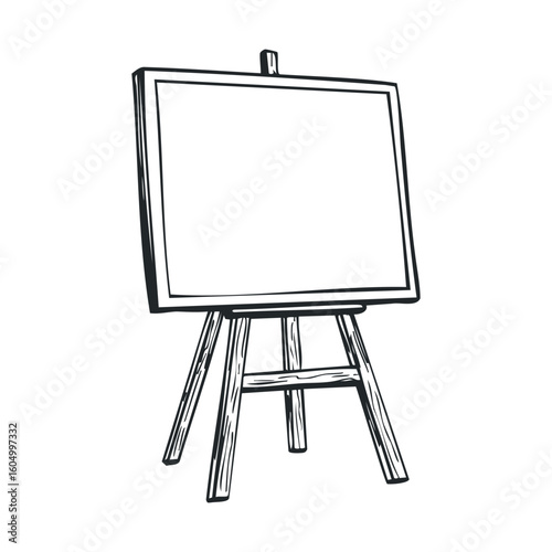 Blank easel with canvas line art illustration on wooden stand