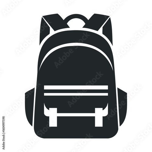 Simple black backpack icon with straps and buckles on white background