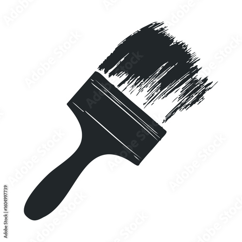 Black paintbrush silhouette with bristles in motion on white background