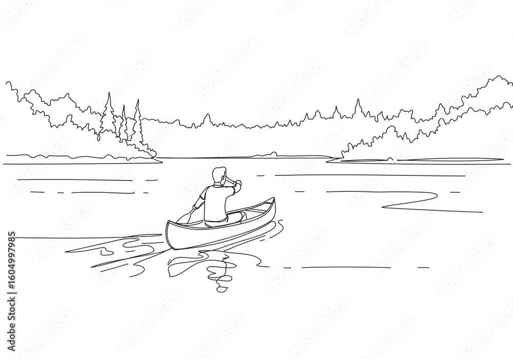 Fototapeta premium Solitary Canoe Journey on a Serene Forest Lake – Hand-Drawn Black and White Sketch