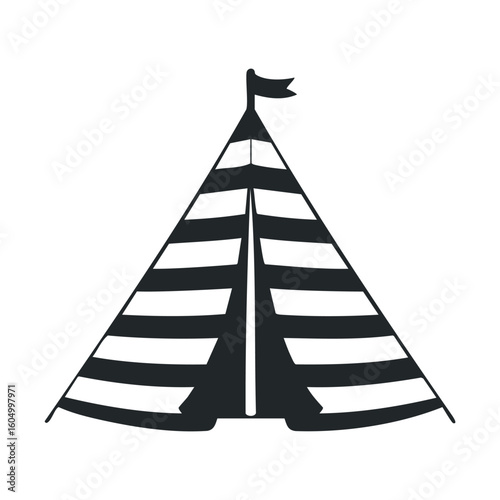 Striped teepee tent with flag illustration on white background