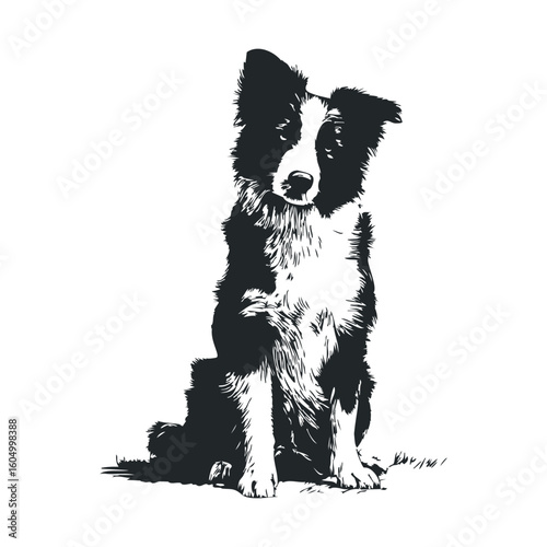 Black and white border collie illustration - detailed dog sketch art