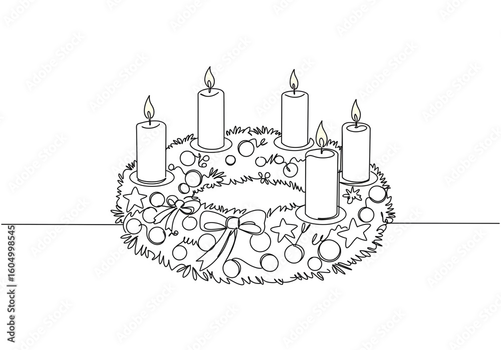Fototapeta premium Traditional Advent Wreath with Five Lit Candles – Festive Christmas Symbol of Hope and Celebration