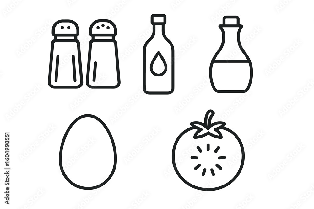 Fototapeta premium Minimalistic icons: salt, pepper, oil, vinegar, egg, tomato